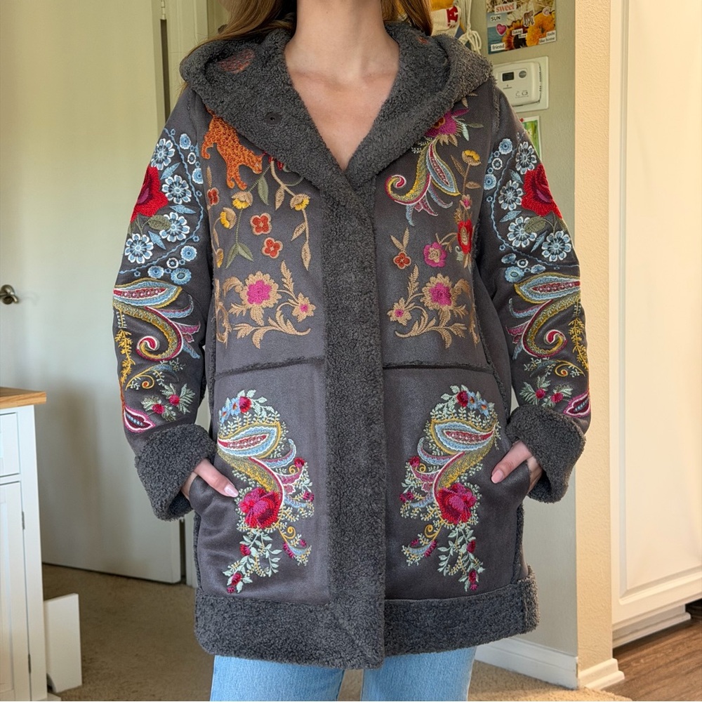 Johnny Was Saturna Faux Suede Coat Embroidered Charcoal Size Small NWT